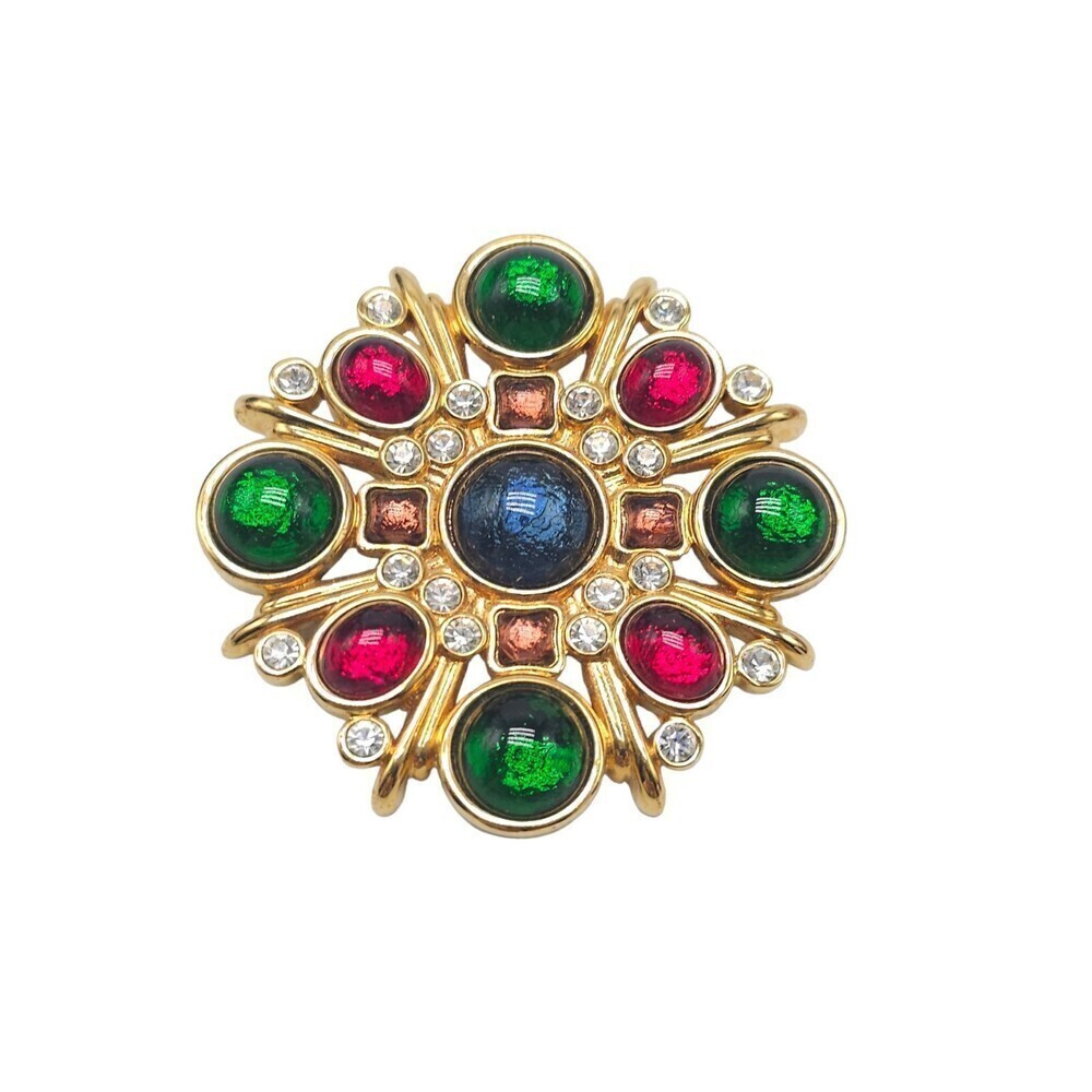 Multicolor Cabochon Rhinestone Glass Star Medallion Brooch Pin Gold Tone Vintage